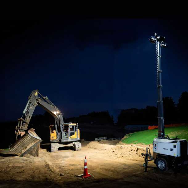 A Trime X-ECO full diesel engine lighting tower working in a construction site