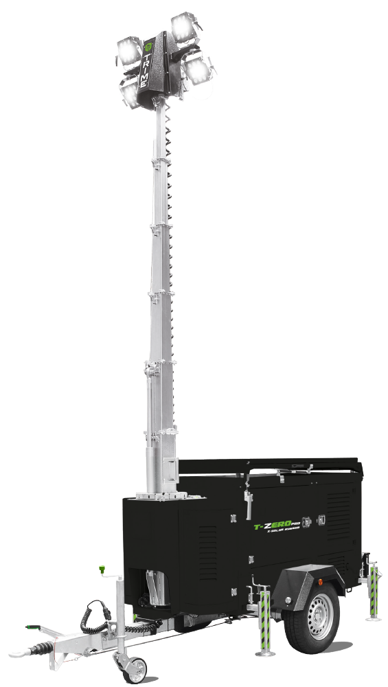 The X-Solar Hybrid a Trime solar-Hybrid lighting tower with diesel engine, deployable solar panel, high capacity lithium batteries and high efficient led lamps