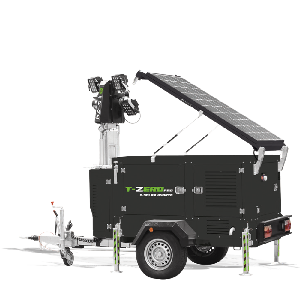 A Trime X-Solar Hybrid a full solar-hybrid mobile lighting tower with deployable solar panel, high capacity lithium batteries and diesel engine for high efficient illumination