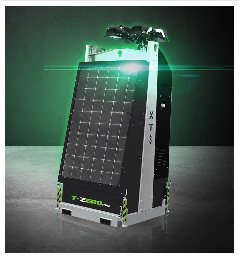 The Trime XTS Solar-Hybrid lighting tower, a static Lighting Tower with solar panel and lithium batteries suitable for industrial applications in rental market