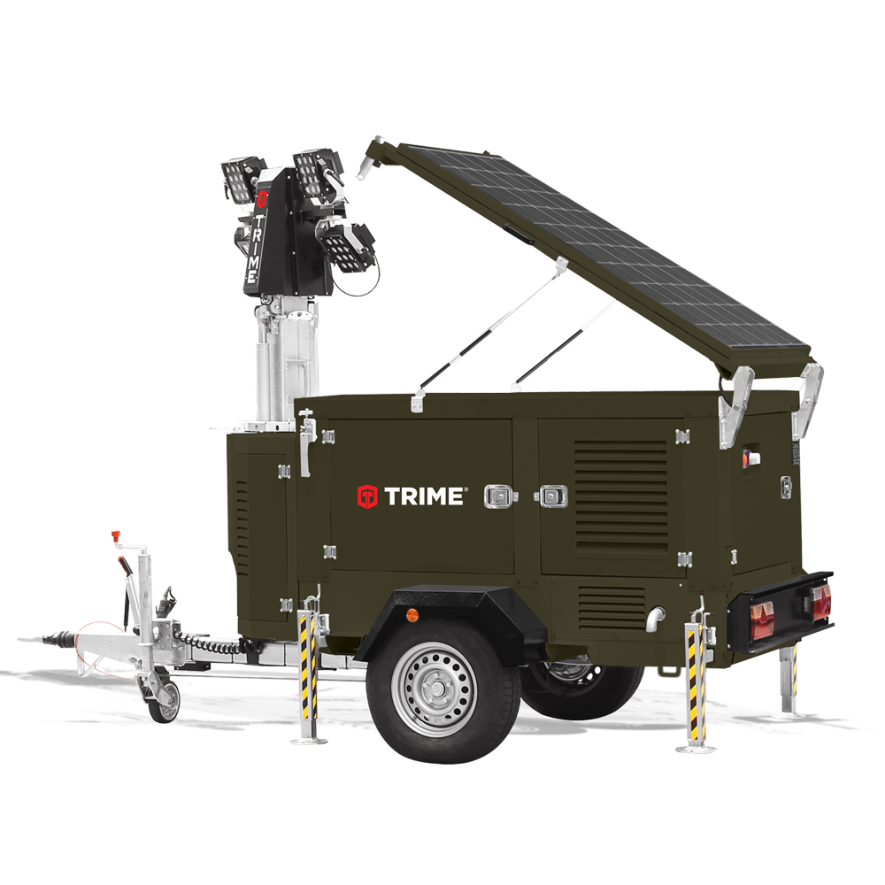 A Trime X-Solar Hybrid customized for military applications a full solar-hybrid mobile lighting tower with deployable solar panel, high capacity lithium batteries and diesel engine for high efficient illumination