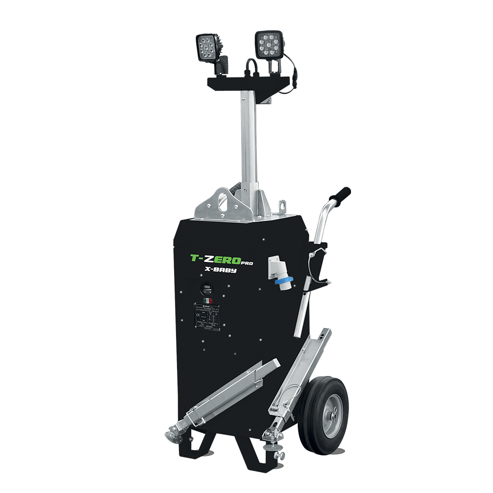 A Trime X-Baby a portable mobile plug-in lighting tower, small and lightweight ideal for indoor worksites