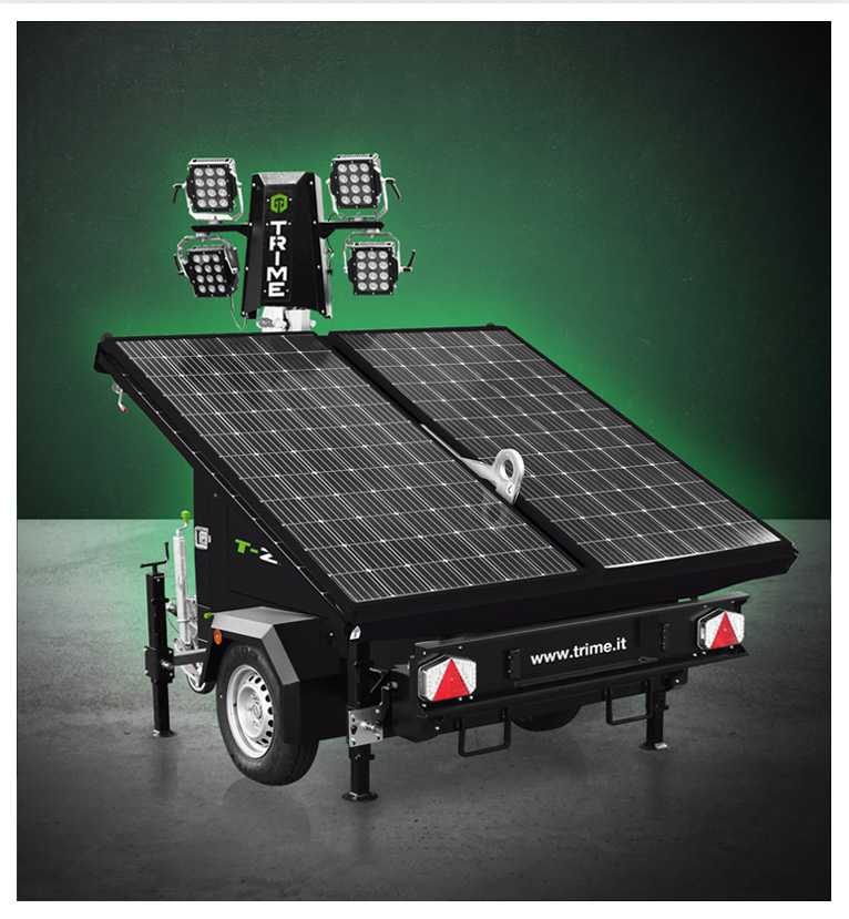 A Trime X-Solar, mobile solar lighting tower with deployable solar panels and high performance led technology designed for rail and road maintenance