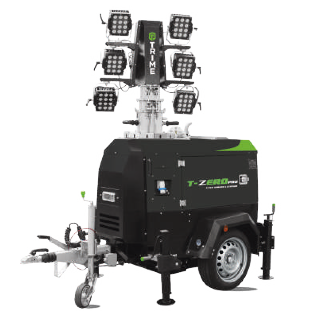 A Trime X-ECO Hybrid Lithium a Full -Hybrid Mobile Lighting Tower with high capacity lithium batteries and diesel engine along with high efficient led lamps