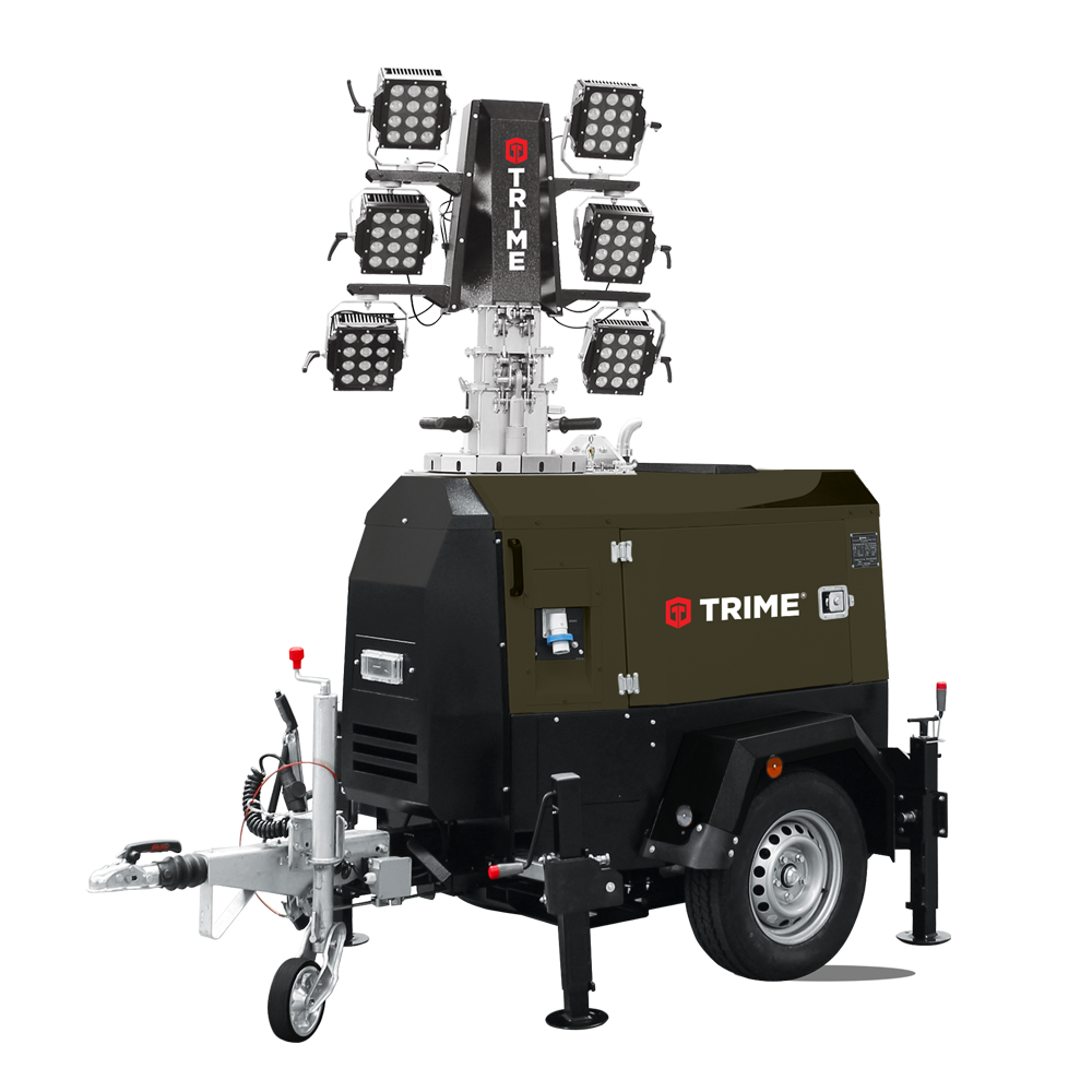 A Trime X-ECO Hybrid Lithium customized for military applications, a Full -Hybrid Mobile Lighting Tower with high capacity lithium batteries and diesel engine along with high efficient led lamps
