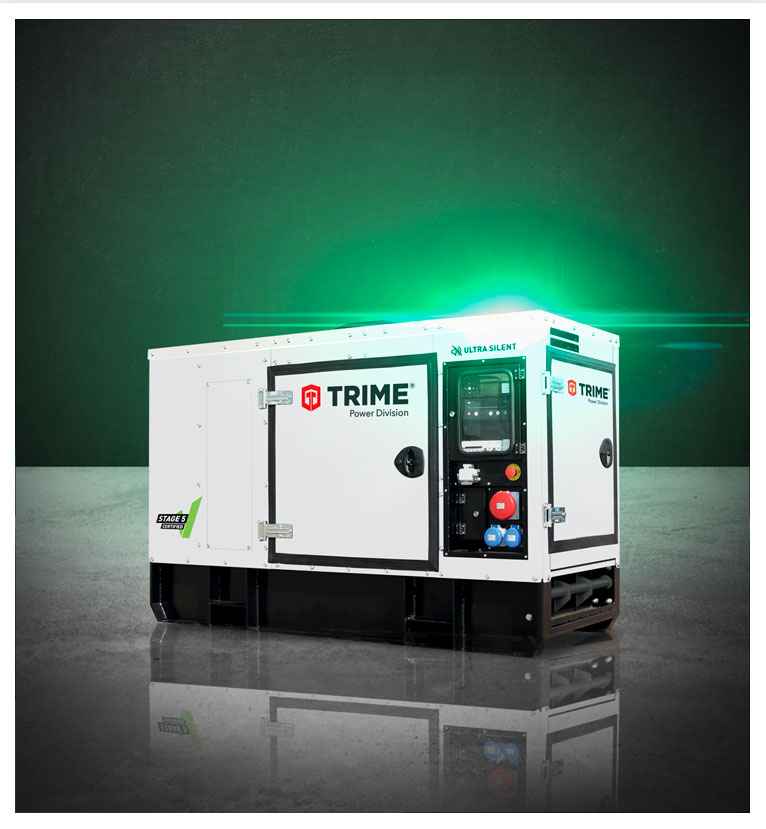 A Trime Stage V diesel engine powered generator providing high performance with 54dba low noise emissions 