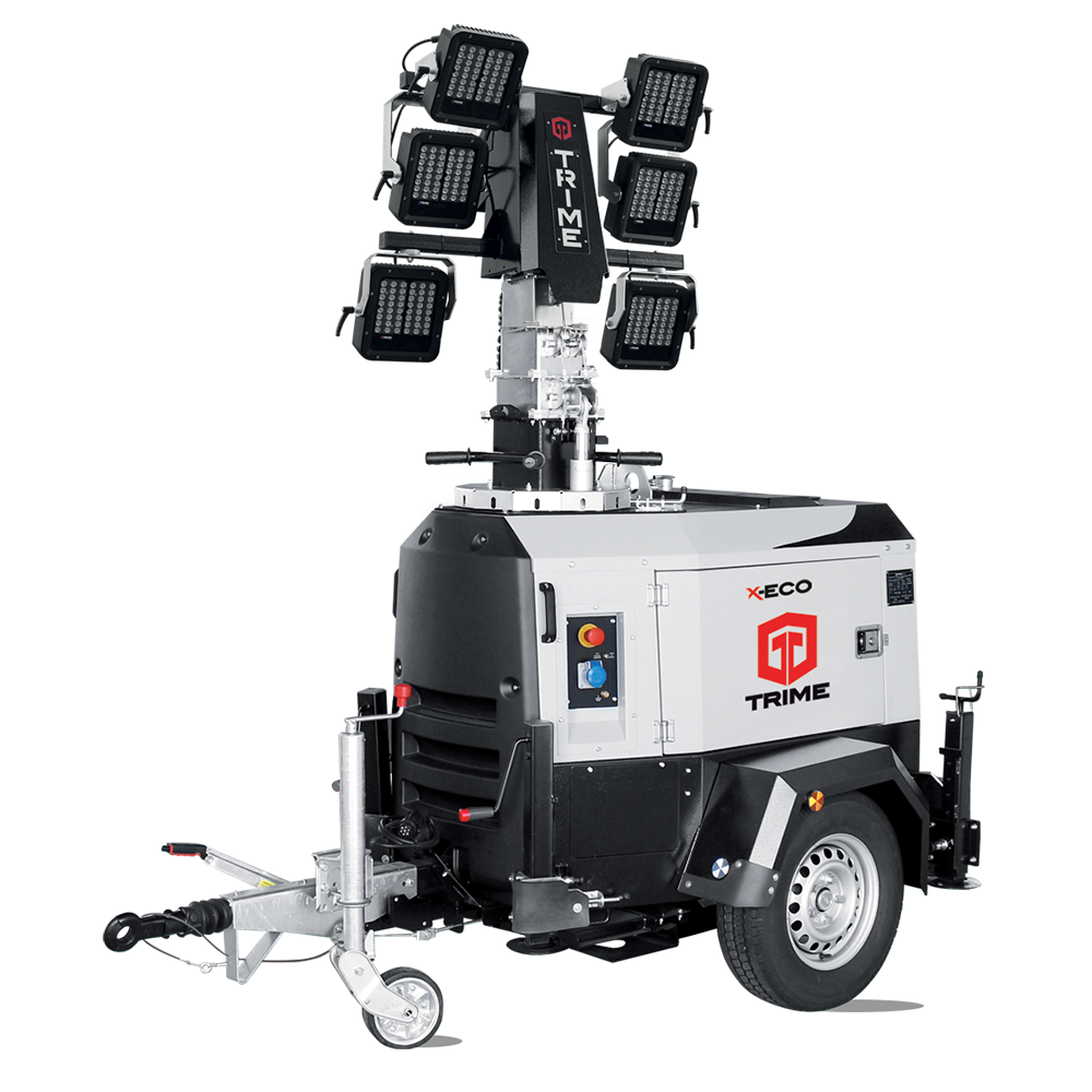 The Trime X-ECO the full diesel engine flagship mobile lighting tower with high intensity and efficient led lamps ideal for construction site and rental market