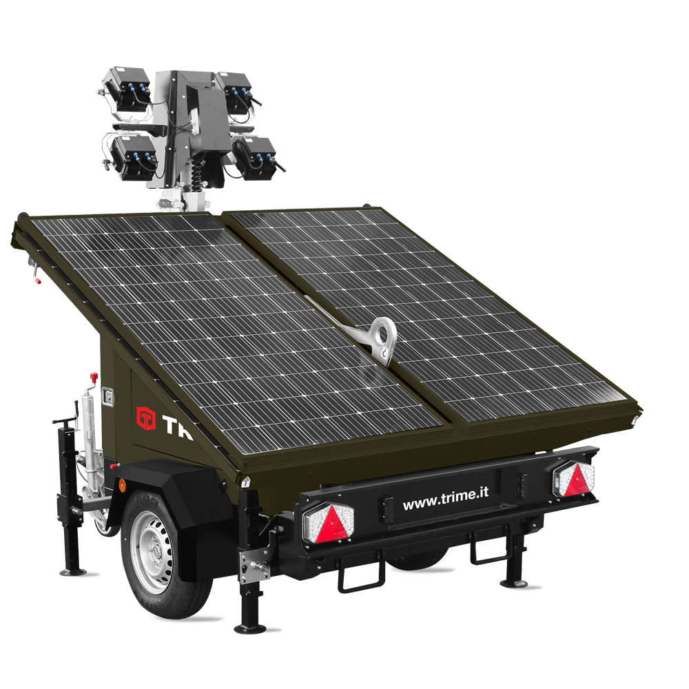 A Trime X-Solar customized for military applications a mobile Full battery Lighting Towers with deployable solar panels with high capacity lithium batteries and High Intensity Led Lamps works with zero noise and zero emission