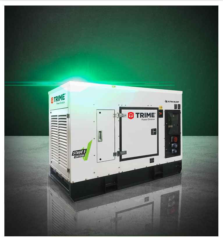 A Trime Stage V diesel engine powered generator providing high performance with 55dba low noise emissions 