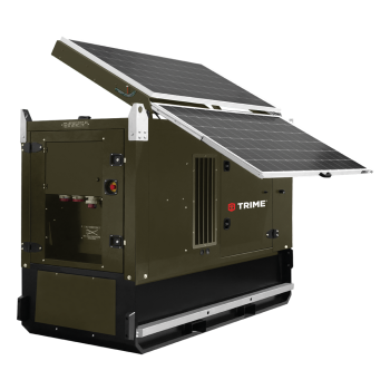 A Trime SolarHybrid Power Generator customized for military applications, a full solar hybrid technology Generator with deployable solar panels, high capacity lithium batteries and full power diesel engine