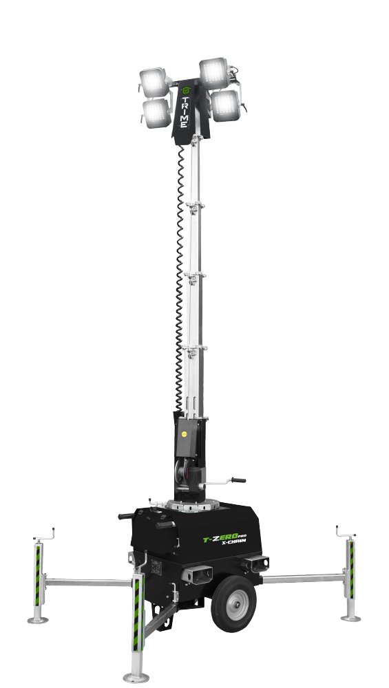 The Trime X-CHAIN a mobile plug-in lighting tower with manual mast easy to handle and put in operation working zero noise and zero emission
