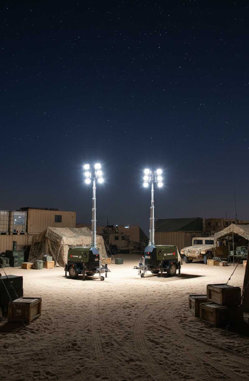 two x-eco hybrid full hybrid technology lighting tower illuminate a military camp at night