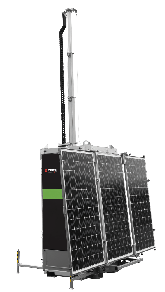 A Trime X-SOLAR PROTECTION a Full Solar-Hybrid Technology Security Tower with deployable solar panels