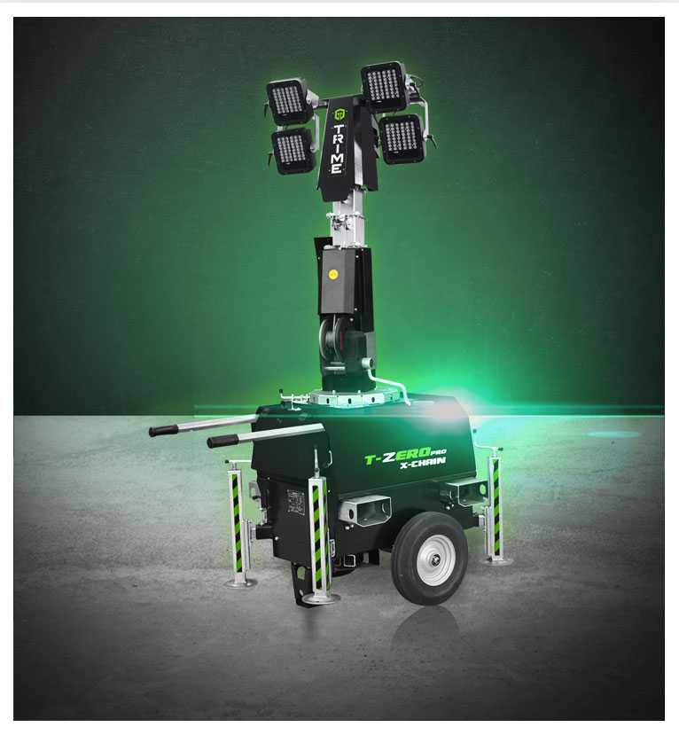 A trime X-Chain, a mobile lighting tower, manual, lightweight, easy to handle plug-in lighting tower to provide illumination to urban construction site, road and rail maintenance