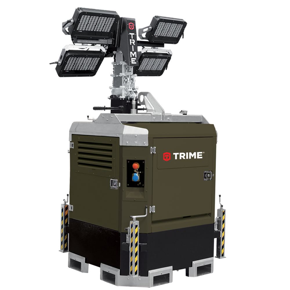 The Trime X-Box customized for military applications a compact static full diesel engine Lighting Tower with high intensity led lamps ideal for construction sites and rental market