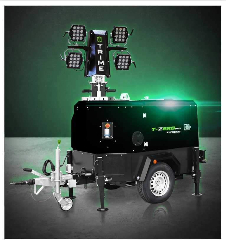 A Trime  X-Hybrid Mobile, a mobile hybrid lighting tower strong and reliable designed for high illumination performances in construction sites