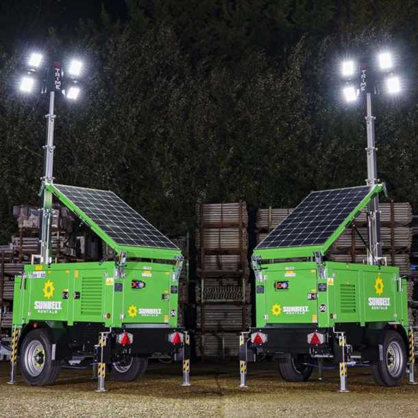 Two X-Solar Hybrid Lighting Tower in a construction site