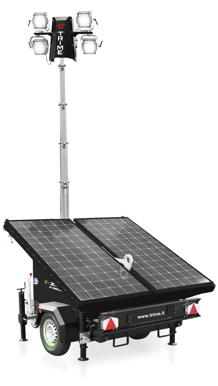 A Trime X-Solar, a mobile solar lighting tower with deployable solar panels e high capacity lithium battery