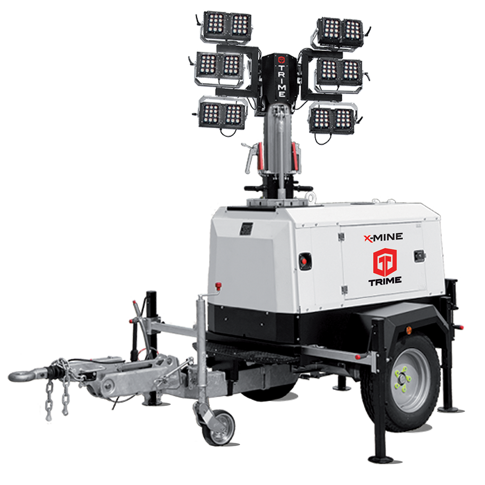 A Trime X-Mine 1800 a strong and sturdy mobile lighting tower with high intensity led lamp designed for mining sector