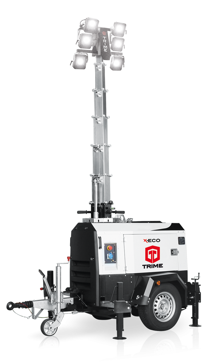 a trime engine powered lighting tower with high efficient led lamps on, mast up, easy to put in operation to provide high intensity light in construction sites