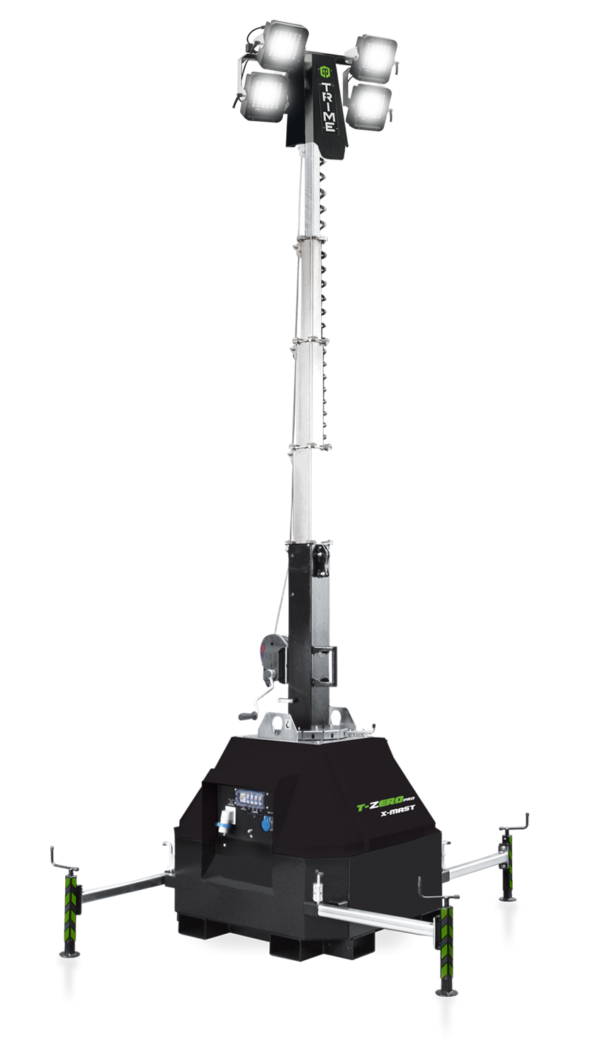 A trime plug-in lighting tower with led lamp on and must up, put in operation with zero noise and zero emission