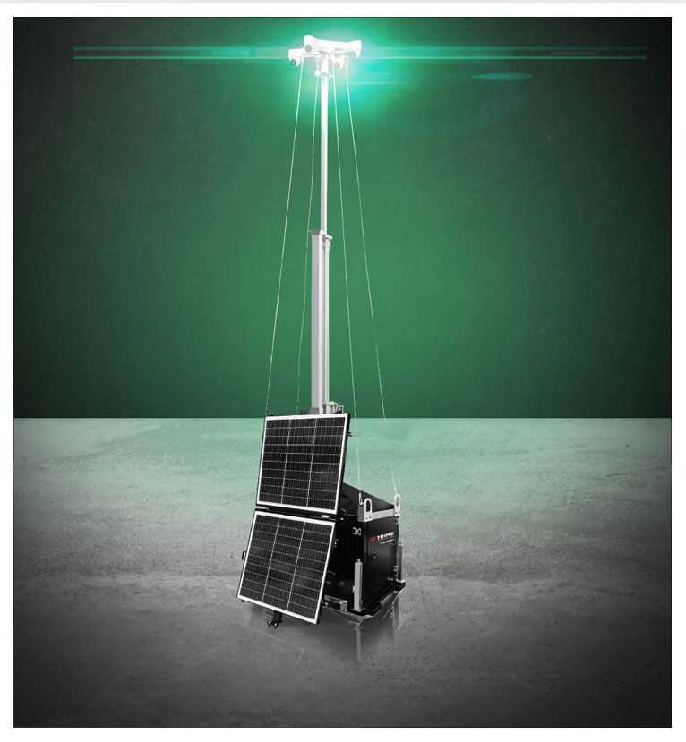 a trime x-solar guard, a small compact solar security tower with deployable solar panels and high efficient batteries to provide surveillance to construction sites, events, rail/road maintenance sites