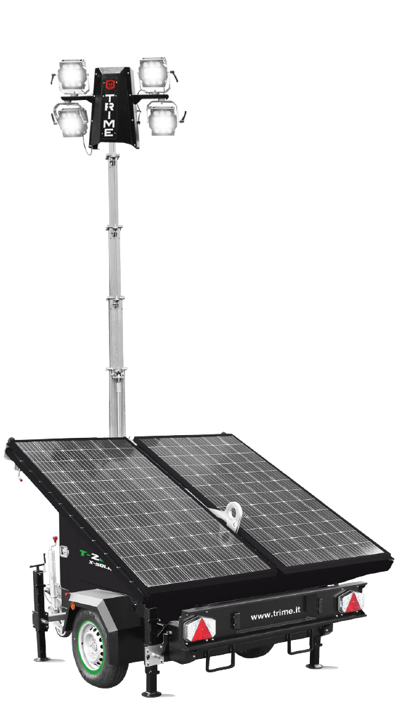 a trime X-Solar 4x100 a mobile high efficient solar lighting tower with deployable solar panels and high capacity lithium batteries