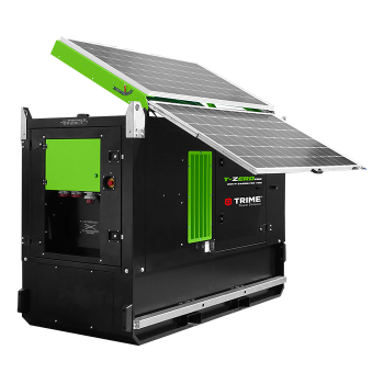 A Trime Solar Hybrid Power Generator, a Generator with deployable solar panels, high capacity lithium batteries and full power diesel engine