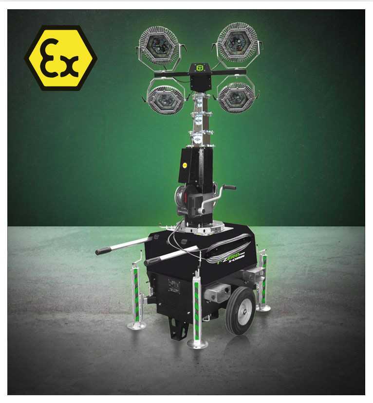 A trime X-Chain ATEX, a mobile lighting tower, manual, lightweight, easy to handle plug-in lighting tower to provide illumination to dangerous site with explosive materials