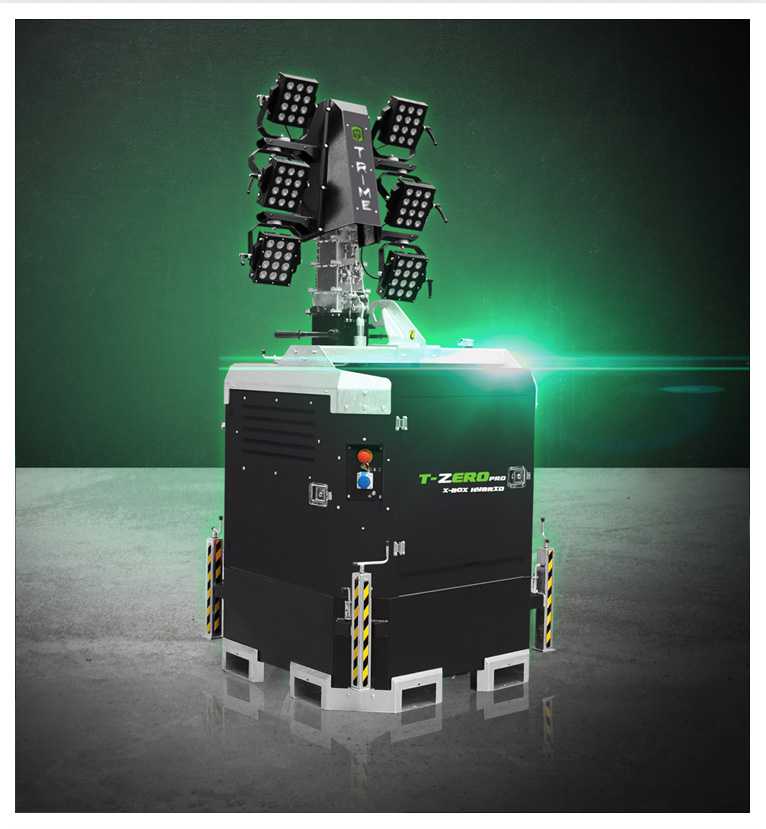 Trime X-Box Hybrid Lithium a strong static Lighting Tower with lithium batteries 6 high efficient led projector suitable for construction site and rental market