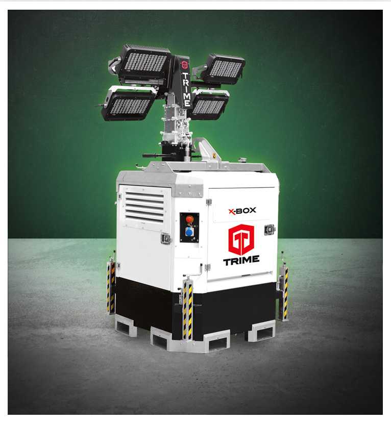 A Trime X-Box, a diesel static lighting tower with high performance led lamps to provide illumination in every working site