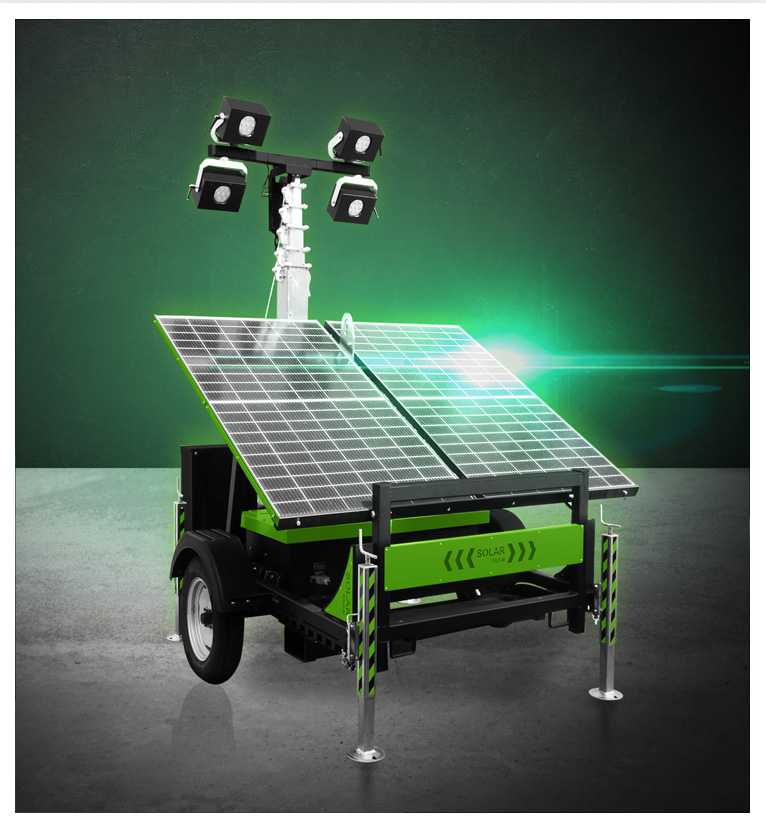 A Trime X-Solar Pro M, a mobile solar lighting tower ultra-lightweight with deployable solar panels designed to be easily transported and put in operations