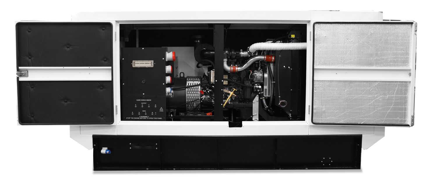 A open Trime Industrial Power Generator shows the internal components and the full diesel engine