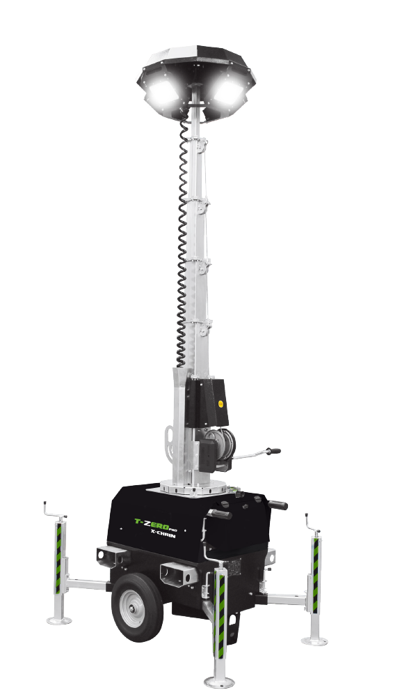 a trime X-Chain in and antiglare version, a plug-in lighting tower with manual mast and 150W high efficiency antiglare led lamps