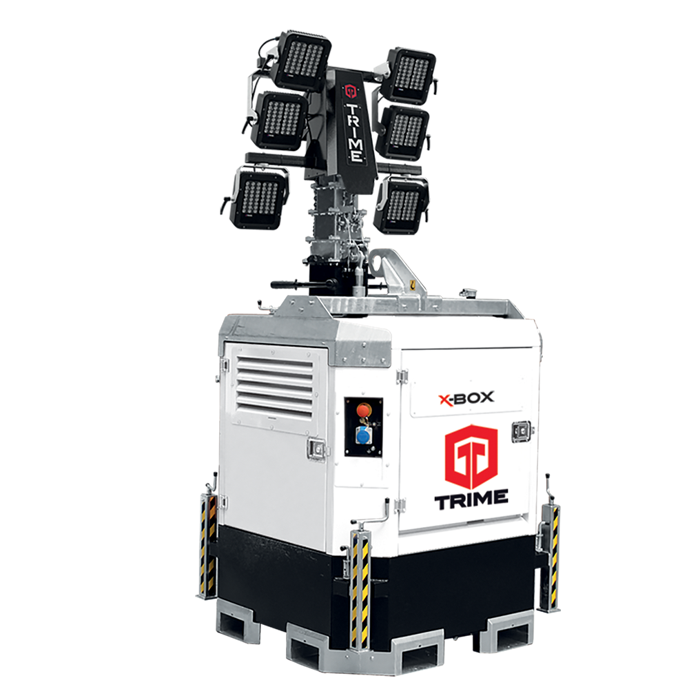 The Trime X-Box a compact static full diesel engine Lighting Tower with high intensity led lamps ideal for construction sites and rental market