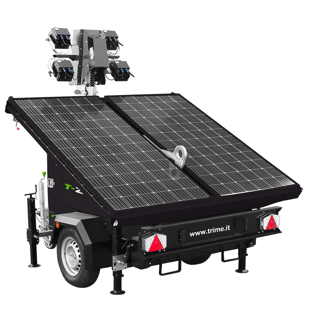A Trime X-Solar a mobile Full battery Lighting Towers with deployable solar panels with high capacity lithium batteries and High Intensity Led Lamps works with zero noise and zero emission