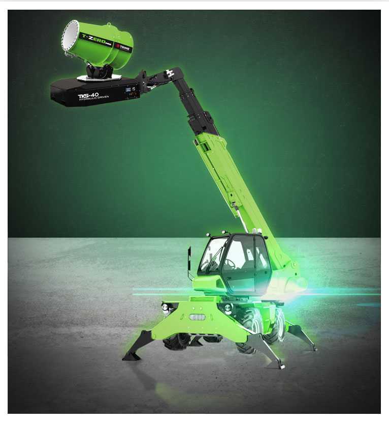 a Trime TKS 40 hydraulic driven a mobile dust suppression system with predisposition to be connected to telehandlers that can cover a range of 30-40m with nebulized water