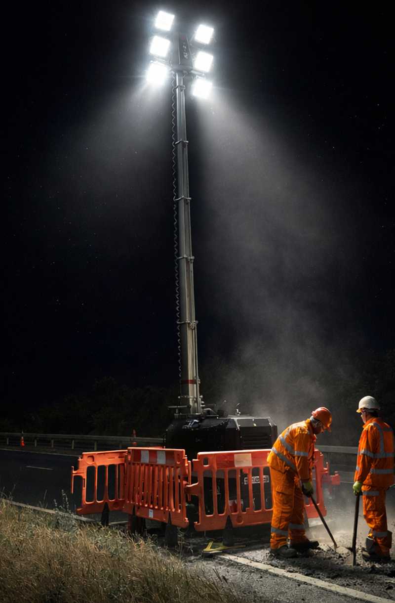 A Trime X-ECO Hybrid a mobile full hybrid lighting tower working in a road maintenance site