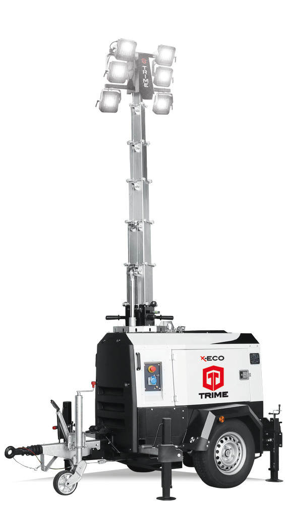 The X-ECO mobile Lighting Tower, The Trime Flagship machine with diesel engine, high intensity  led lamps