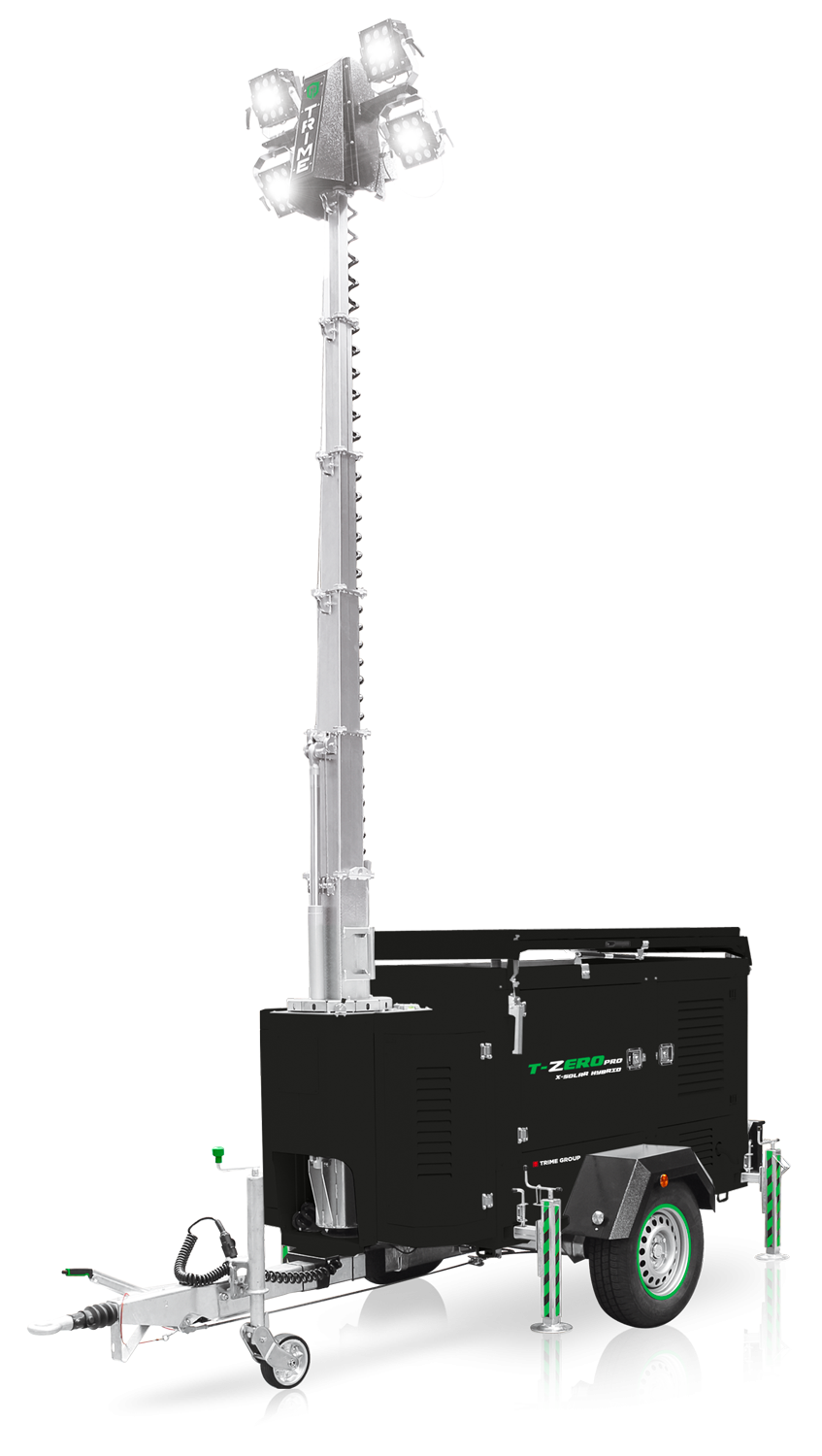 a Trime X-Solar Hybrid, a mobile solar-hybrid lighting tower with solar panel, high capacity lithium battery and diesel engine