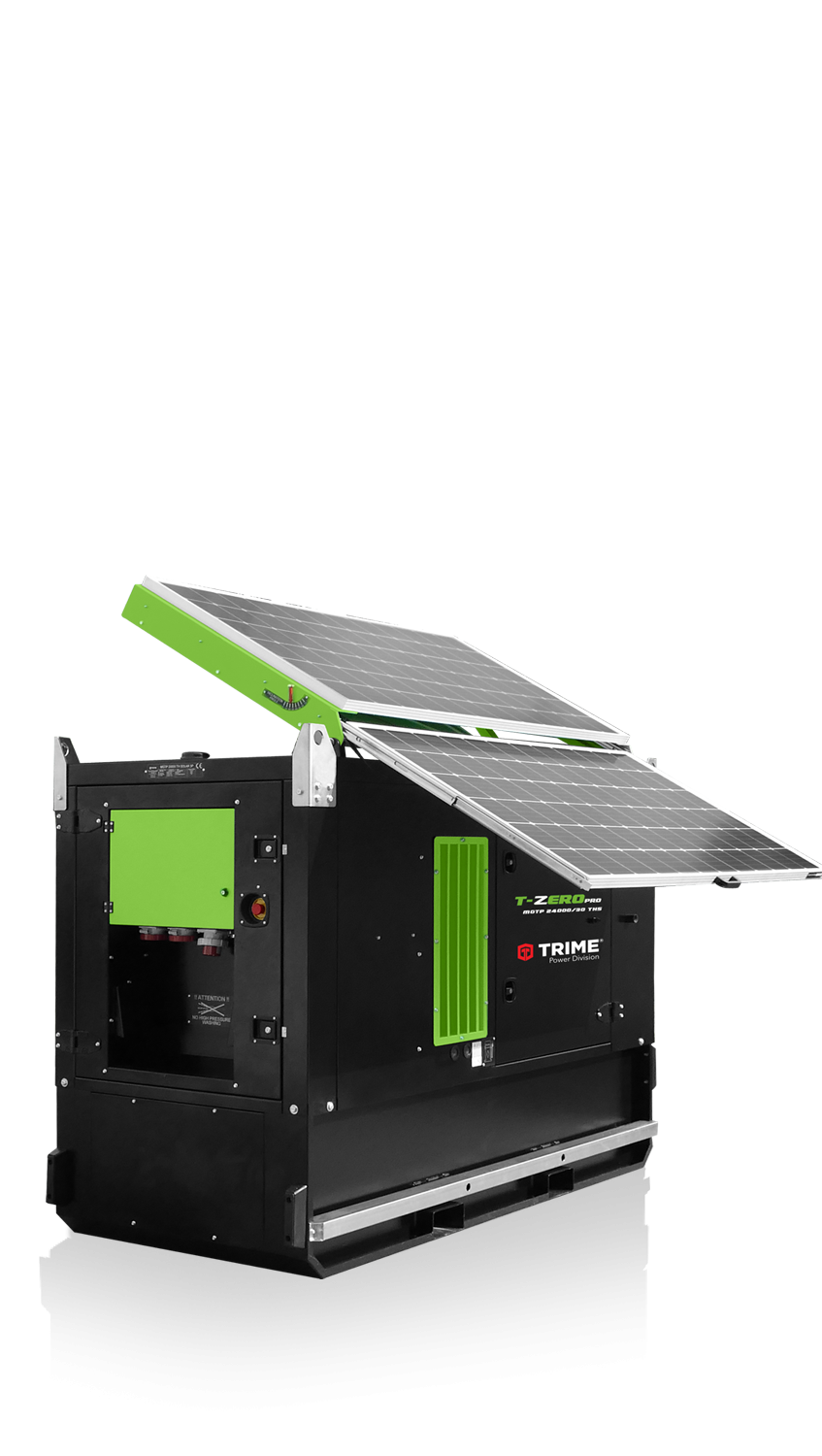 a trime solar hybrid power generator with deployable solar panels, efficient diesel engine and high capacity lithium batteries